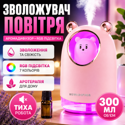 Зволожувач повітря міні аромадифузор Bear з RGB підсвіткою USB ультразвуковий нічник для дому офісу авто Opt City