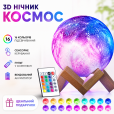 Настільна лампа нічник RGB з пультом для спальні дитячої м’яке світло декоративний світильник 3D Космос Moon light акумуляторна