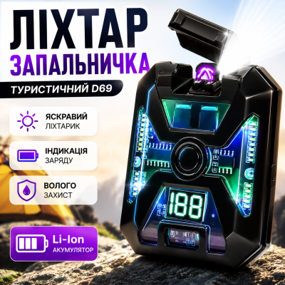 Туристичний ліхтар D69 із запальничкою та Type-C зарядкою акумуляторний ліхтар Police XHP з індикацією заряду optc-10679