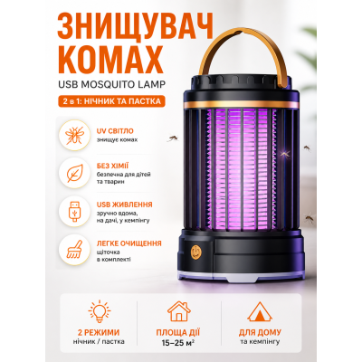 Знищувач комах лампа москітна LED UV USB Type C нічник 5W до 20м2 Camping Mosquito Lamp чорна захист розмір 14x8.5 компактна Opt