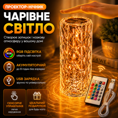 Настільна кристалічна лампа RGB USB з пультом Crystal Diamond 16 кольорів сенсорний LED світильник для спальні та інтер'єру Opt