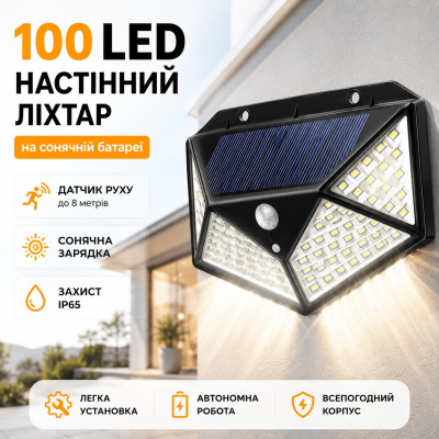 Вуличний LED світильник BL SH-100 100LED з датчиком руху сонячною панеллю IP65 настінний ліхтар для двору для фасаду Opt City