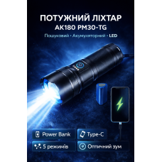 Ліхтар AK180 WHITE LASER LED PM30-TG, 1х38650, power bank, ЗП Type-C, zoom, 5 фільтрів optc-10793