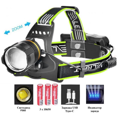 Ліхтар налобний BL-A13-3-P360, 3x18650, zoom, ЗП Type-C, Box optc-8973
