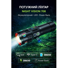 Фонарь NIGHT VISION FLUORESCENCE 708 WHITE LASER LED PM30-TG, Power Bank, 1x38650, ЗУ Type-C, zoom, Box optc-11628