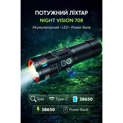 Фонарь NIGHT VISION FLUORESCENCE 708 WHITE LASER LED PM30-TG, Power Bank, 1x38650, ЗУ Type-C, zoom, Box optc-11628