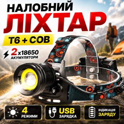 Налобний ліхтар акумуляторний XQ-172-T6+COB для туризму риболовлі роботи 2x18650 microUSB SOS T6 COB optc-9076